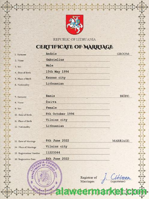 Lithuania marriage certificate PSD template